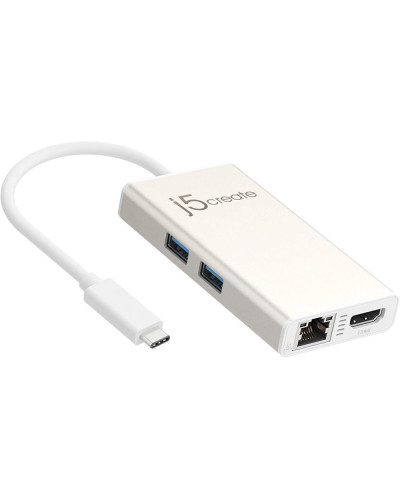Мултипортов USB-C адаптер j5Create JCA374 -HDMI/Ethernet/ USB 3.0 хъб /PD 2.0, бял